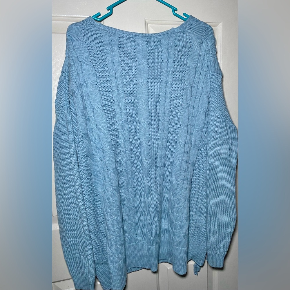 V Neck Oversized Cable Knit Lace Up Chunky Baby Blue Sweater Tunic‎ Top XL - Picture 2 of 3